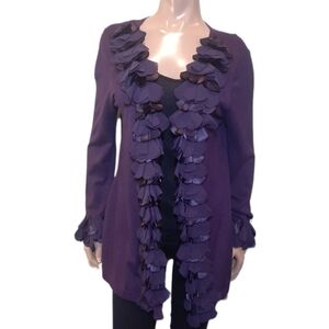 Laura Petites Embellished Cardigan Sweater Chiffon Satin Ruffled Royal Purple